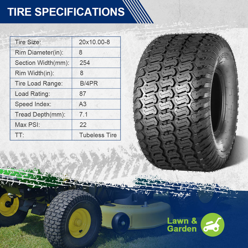 MaxAuto 2 Pcs 20x10-8 Lawn Mower Cart Turf Tires P332 4PR Load Range B