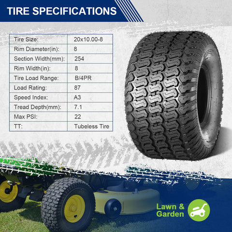 Image of MaxAuto 2 Pcs 20x10-8 Lawn Mower Cart Turf Tires P332 4PR Load Range B