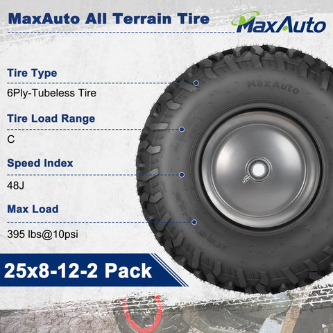 Image of MaxAuto 25x8-12 ATV UTV Mud Sand Tires, 6 PR, Tubeless, Pack 2