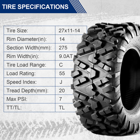 Image of MaxAuto AT27x11-14 ATV UTV Offf-Road Mud Sand Tires, Pack 2