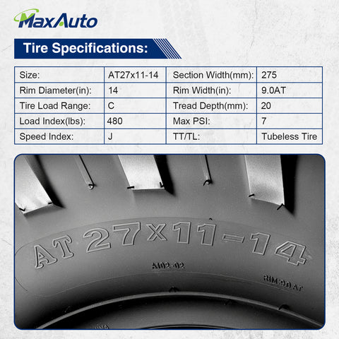 Image of MaxAuto 27x9-14 Front & 27x11-14 Rear UTV ATV Tires,Set of 4