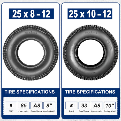 Image of MaxAuto 25x8-12 Front & 25x10-12 Rear ATV Hilly Lawn All Terrain Tires, 6Ply Tubeless Tires, 4 Pack in 4 Packages