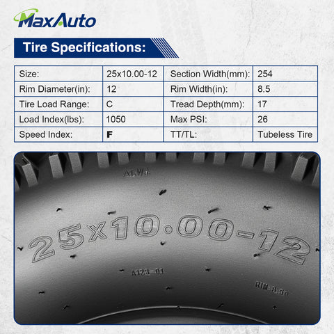 Image of MaxAuto 25x8-12 Front & 25x10-12 Rear ATV Hilly Lawn All Terrain Tires, 6Ply Tubeless Tires, 4 Pack in 4 Packages