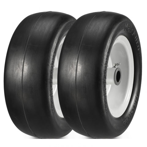 Image of MaxAuto 2Pcs 11x4.00-5 Flat Free Lawnmower Tire Assembly, 1" Bushings, 3" Centered Hub, Smooth Tread Tire for Zero Turn Mowers, White Wheel