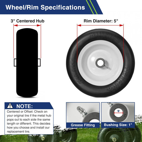 Image of MaxAuto 2Pcs 11x4.00-5 Flat Free Lawnmower Tire Assembly, 1" Bushings, 3" Centered Hub, Smooth Tread Tire for Zero Turn Mowers, White Wheel