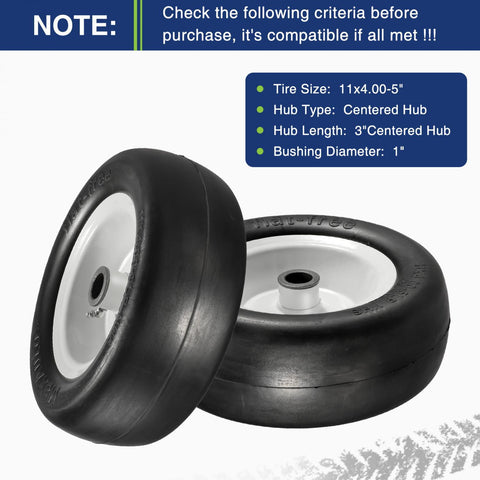 Image of MaxAuto 2Pcs 11x4.00-5 Flat Free Lawnmower Tire Assembly, 1" Bushings, 3" Centered Hub, Smooth Tread Tire for Zero Turn Mowers, White Wheel