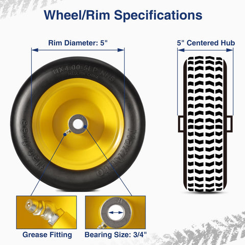 Image of MaxAuto 4 PCS 11x4.00-5" Flat Free Tire on Wheel, 5" Centered Hub, 3/4" Bushings, Yellow Steel