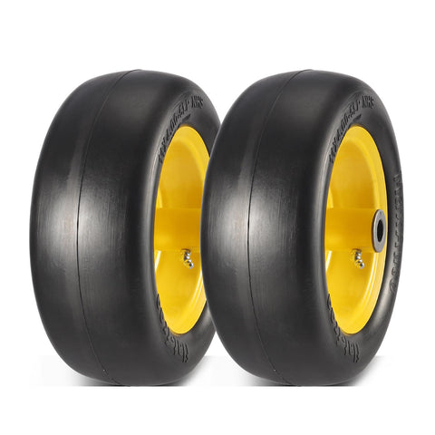 Image of MaxAuto 2 PCS 11x4.00-5" Flat Free Tire Lawn Mower Tire on Wheel, 5" Centered Hub, 3/4" Bushings, Yellow Steel