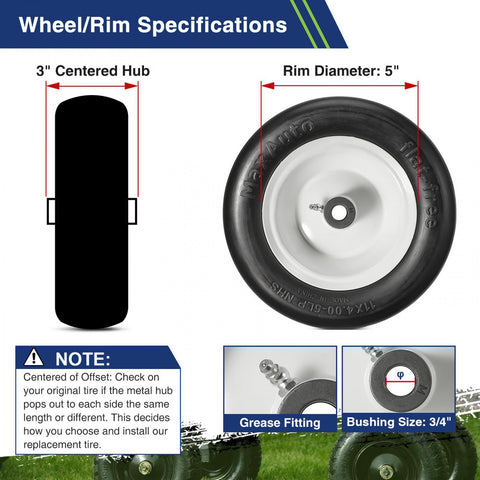 Image of MaxAuto 2Pcs 11x4.00-5 Lawn Mower Tire on Wheel, 3/4" or 5/8" 1/2" Bushings, 3" Centered Hub - Hub Length 3"-5", Smooth Tread Tire for Zero Turn Mowers,Universal Fit