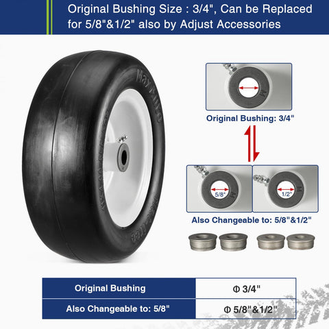 Image of MaxAuto 2Pcs 11x4.00-5 Lawn Mower Tire on Wheel, 3/4" or 5/8" 1/2" Bushings, 3" Centered Hub - Hub Length 3"-5", Smooth Tread Tire for Zero Turn Mowers,Universal Fit