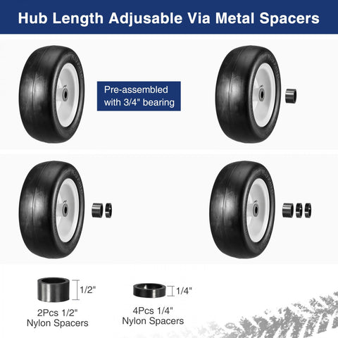 Image of MaxAuto 2Pcs 11x4.00-5 Lawn Mower Tire on Wheel, 3/4" or 5/8" 1/2" Bushings, 3" Centered Hub - Hub Length 3"-5", Smooth Tread Tire for Zero Turn Mowers,Universal Fit