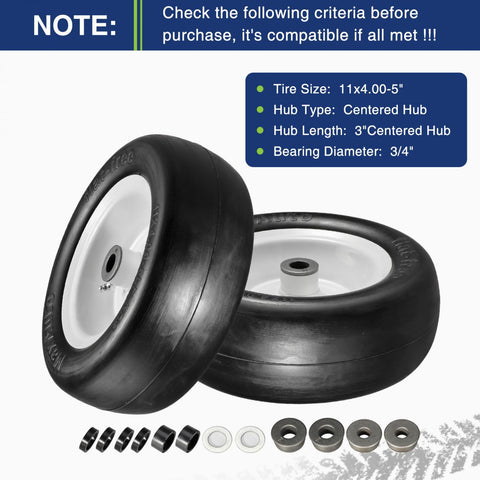 Image of MaxAuto 2Pcs 11x4.00-5 Lawn Mower Tire on Wheel, 3/4" or 5/8" 1/2" Bushings, 3" Centered Hub - Hub Length 3"-5", Smooth Tread Tire for Zero Turn Mowers,Universal Fit