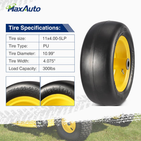 Image of MaxAuto 2 PCS 11x4.00-5" Flat Free Tire Lawn Mower Tire on Wheel, 5" Centered Hub, 3/4" Bushings, Yellow Steel