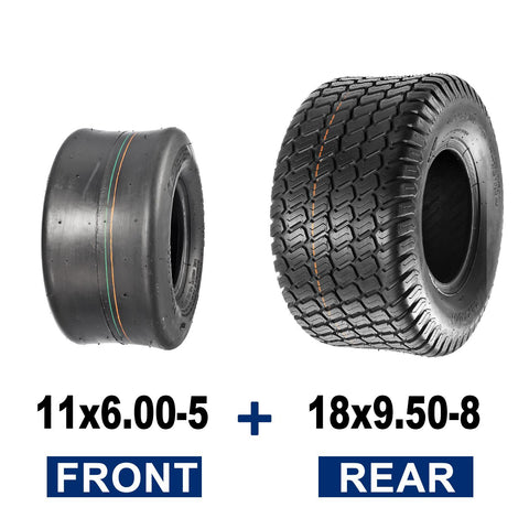 Image of MaxAuto Set of 4 Lawn Mower Turf Tires 11x6.00-5 Front & 18x9.50-8 Rear for Lawn & Garden Mower Tractor, 4Ply Tubeless