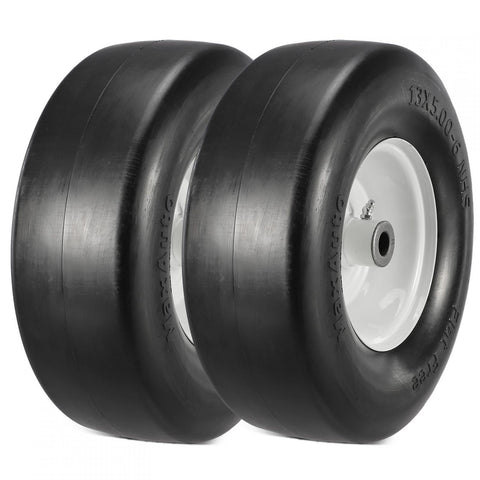 Image of MaxAuto Set of 2 13x5.00-6 Flat Free Smooth Tire w/Steel Wheel for Residential Riding Lawn Mower Garden Tractor(3.25"Centered Hub - Hub Length 3.25"-5.9" with 3/4" Sintered iron Bushing)