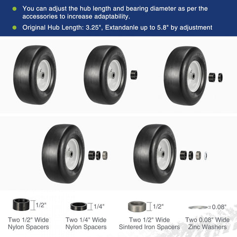 Image of MaxAuto Set of 2 13x5.00-6 Flat Free Smooth Tire w/Steel Wheel for Residential Riding Lawn Mower Garden Tractor(3.25"Centered Hub - Hub Length 3.25"-5.9" with 3/4" Sintered iron Bushing)