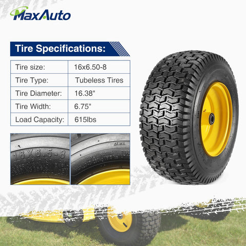 Image of MaxAuto Set of 4 13x5.00-6 Front & 16X6.50-8 Rear Tire & Wheels 4 Ply for Lawn Riding Mowers