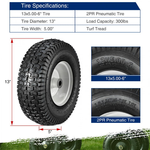 Image of MaxAuto 2Pcs 13x5.00-6 Pneumatic (Air Filled) Lawnmower Tire on Wheel, Single, 3" Centered Hub, 3/4" Bushing
