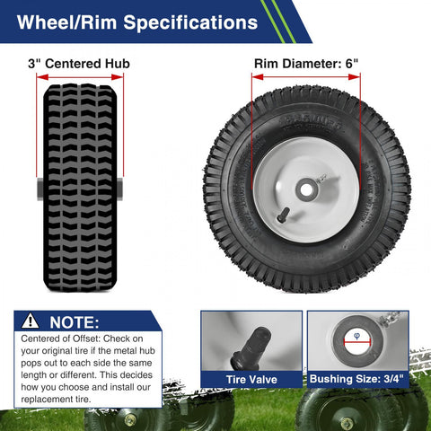 Image of MaxAuto 2Pcs 13x5.00-6 Pneumatic (Air Filled) Lawnmower Tire on Wheel, Single, 3" Centered Hub, 3/4" Bushing
