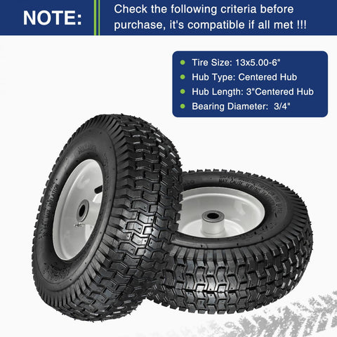 Image of MaxAuto 2Pcs 13x5.00-6 Pneumatic (Air Filled) Lawnmower Tire on Wheel, Single, 3" Centered Hub, 3/4" Bushing