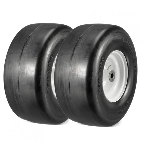Image of MaxAuto Set of 2 13x6.50-6 Flat Free Lawn Mower Smooth Tires on Wheel for Lawn Mower Garden Tractor(4.0"Centered Hub - Hub Length 4"-7.1" with 5/8" Sintered iron Bushing)