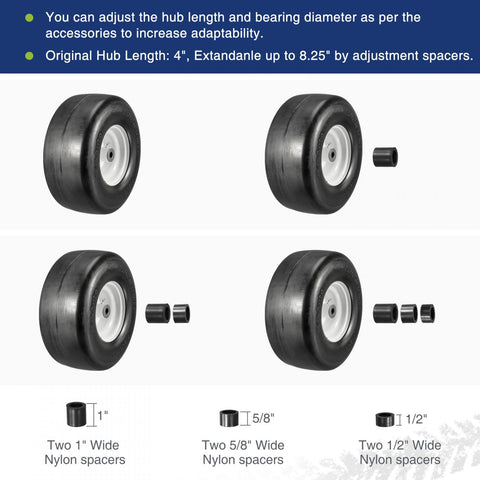 Image of MaxAuto Set of 2 13x6.50-6 Flat Free Lawn Mower Smooth Tires on Wheel for Lawn Mower Garden Tractor(4.0"Centered Hub - Hub Length 4"-7.1" with 5/8" Sintered iron Bushing)