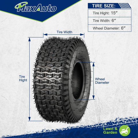 Image of MaxAuto 15X6.00-6 15x6x6 Lawn Mower Tires 4PR, Tubeless, Set of 2