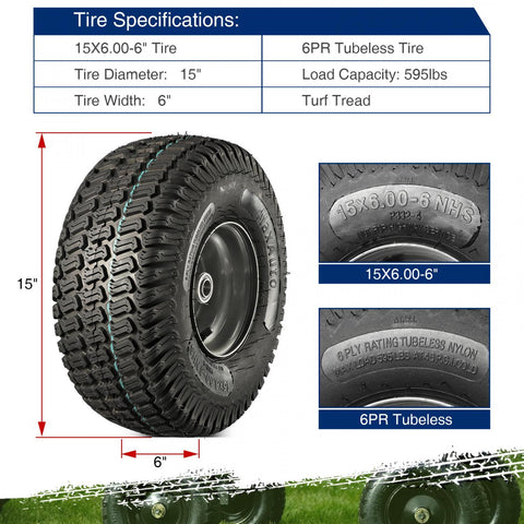 Image of MaxAuto 2Pcs 15X6.00-6 Front Tire and wheel Assembly Replacement for Craftsman John Deere Riding Mowers, 3" Centered Hub with 3/4" Axle Bore,Dark Gray Rim