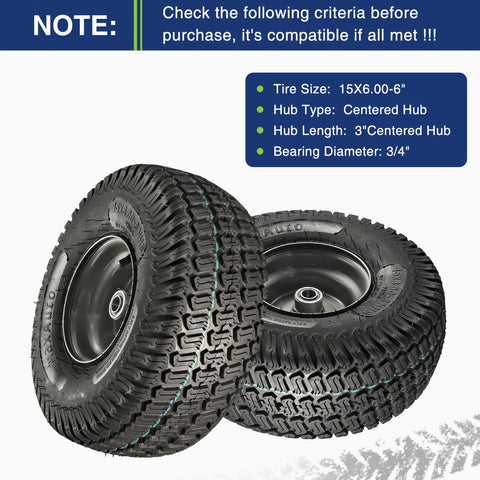 Image of MaxAuto 2Pcs 15X6.00-6 Front Tire and wheel Assembly Replacement for Craftsman John Deere Riding Mowers, 3" Centered Hub with 3/4" Axle Bore,Dark Gray Rim