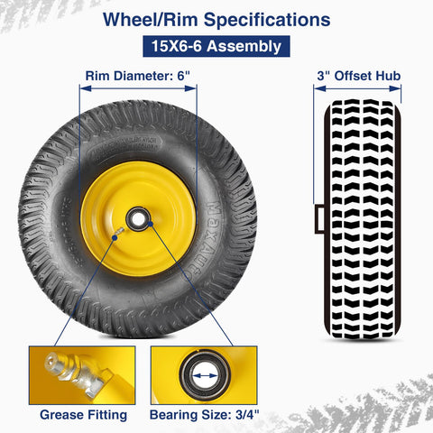 Image of MaxAuto Set of 4 15x6-6 Front & 20x8-8 Rear Tire & Wheels 4 Ply for Lawn Riding Mowers,Offset Hub Long with 3/4" bearings