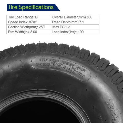 Image of Set of 4 Lawn Mower Turf Tires 15x6-6 Front & 20x10-8 Rear,4PR,Tubeless