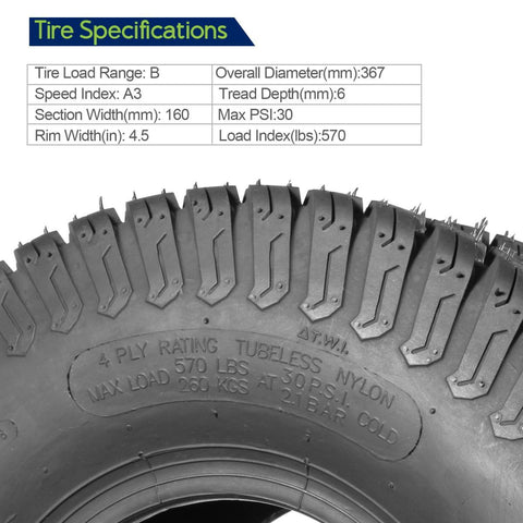 Image of Set of 4 Lawn Mower Turf Tires 15x6-6 Front & 20x10-8 Rear,4PR,Tubeless