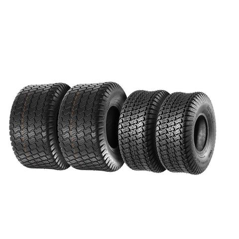 Image of Set of 4 Lawn Mower Turf Tires 15x6-6 Front & 18x9.5-8 Rear Tractor Riding, 4PR, Tubeless