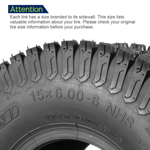 Image of Set of 4 Lawn Mower Turf Tires 15x6-6 Front & 18x9.5-8 Rear Tractor Riding, 4PR, Tubeless