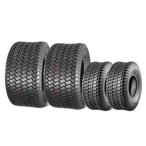 Image of MaxAuto Set of 4 Lawn Mower Turf Tires 15x6.00-6 Front & 20x10.00-10 Rear for Lawn & Garden Mower Tractor, 4Ply Tubeless