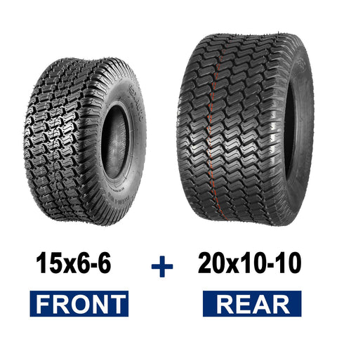 Image of MaxAuto Set of 4 Lawn Mower Turf Tires 15x6.00-6 Front & 20x10.00-10 Rear for Lawn & Garden Mower Tractor, 4Ply Tubeless