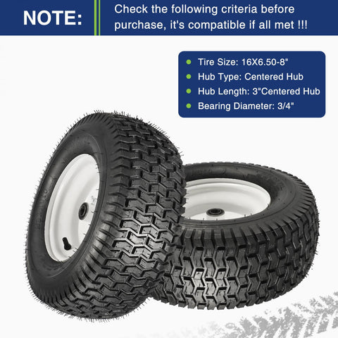 Image of MaxAuto 2Pcs 16X6.50-8 Front Tire and wheel Assembly Replacement for John Deere Riding Mowers, 3" Centered Hub with 3/4" Axle Bore,White Rim