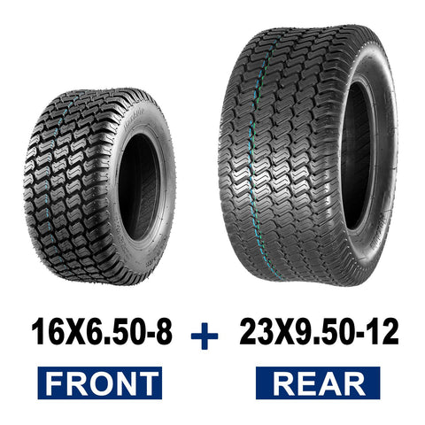 Image of MaxAuto Set of 4 Lawn Mower Turf Tires 16X6.50-8 Front & 23X9.50-12 Rear, 4PR Tubeless