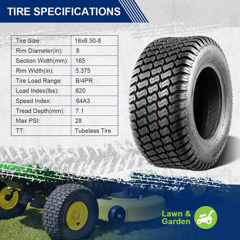 Image of MaxAuto Set of 4 Lawn Mower Turf Tires 16X6.50-8 Front & 23X9.50-12 Rear, 4PR Tubeless