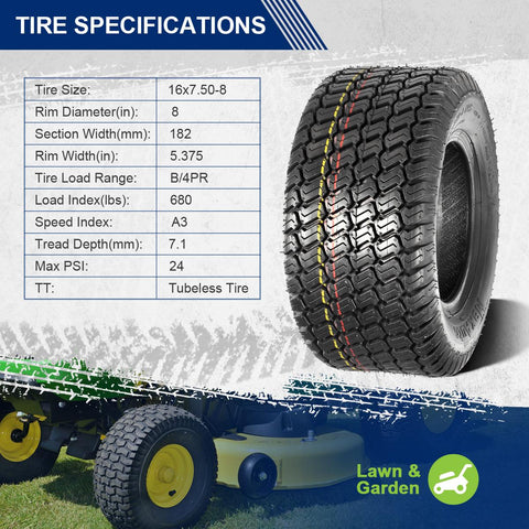 Image of MaxAuto Set of 4 Lawn Mower Turf Tires 16X7.50-8 Front & 23x10.5-12 Rear, 4PR Tubeless
