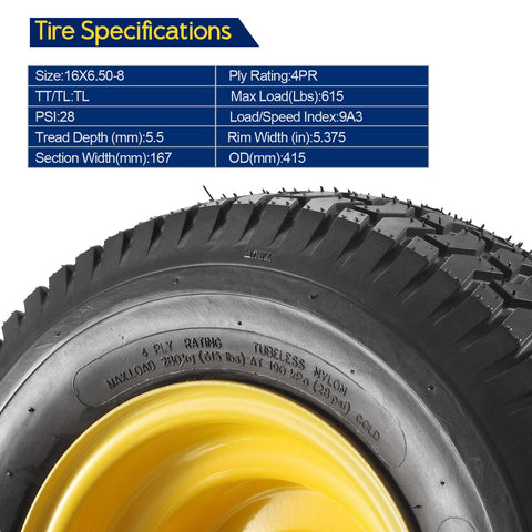 Image of 2 Pcs 16x6.50-8 Front Tires and Wheels Assembly for Lawn Mower Tractors, 3" Offset Long Hub with 3/4"bearings