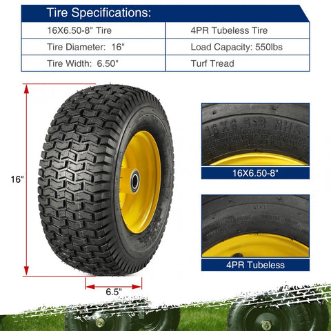 Image of MaxAuto 2Pcs 16x6.50-8 Tire and Rim for Lawn Riding Mowers,3" Offset Hub with 1" Axle Bore,Yellow Rim