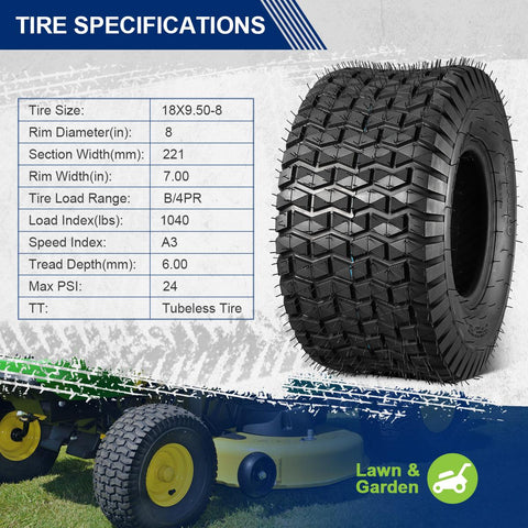Image of MaxAuto 18X9.50-8 18/9.50-8 Lawn & Garden Mower Tractor Turf Tires 4PR, Tubeless, Set of 2