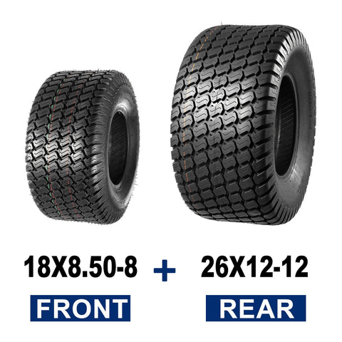 Image of MaxAuto Set of 4 Lawn Mower Turf Tires 18x8.50-8 Front & 26x12-12 Rear, 4PR Tubeless