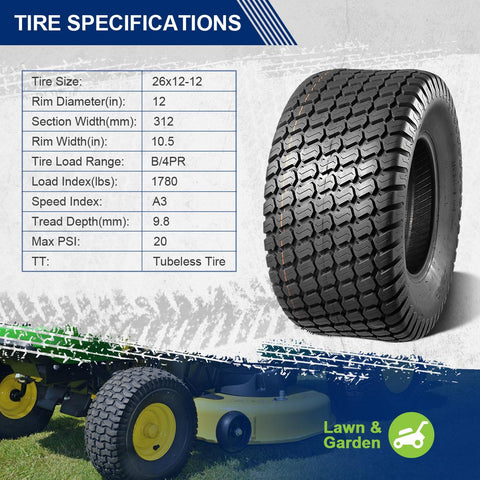 Image of MaxAuto Set of 4 Lawn Mower Turf Tires 18x8.50-8 Front & 26x12-12 Rear, 4PR Tubeless