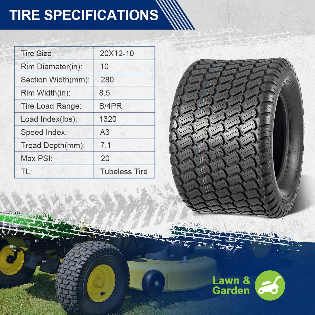 MaxAuto Lawn & Garden Turf Tire 20X12-10 P332 4PR Load Range B,2Pcs