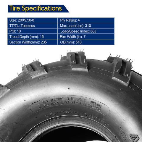 Image of Set of 2 MaxAuto ATV Tires 20X9.50-8 20X9.5X8 Riding Mower Turf Tires for trx 90 kfx 90, 4 Ply Rating, Tubeless