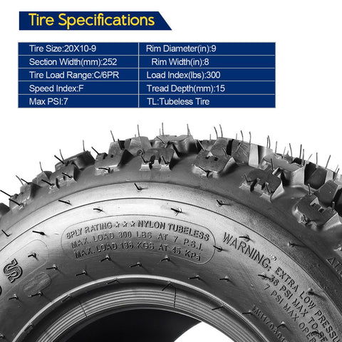 Image of Set of 2 MaxAuto 20x10-9 ATV Tires 20x10x9 Rear Quad Sport Tires All Terrain UTV Tires 20x10.00-9 Tubeless 6PR Mud Sand Snow Tires