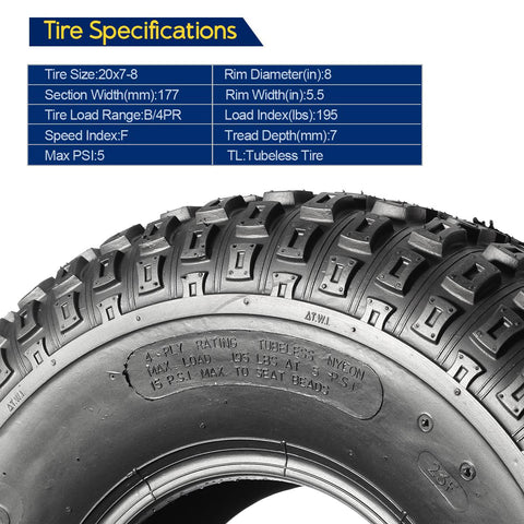 Image of Set of 2 MaxAuto 20x7-8 ATV Tire Golf Cart Knobby Turf Tire 20x7x8 P322 Front Sport UTV ATV Tires 4PR Tubeless