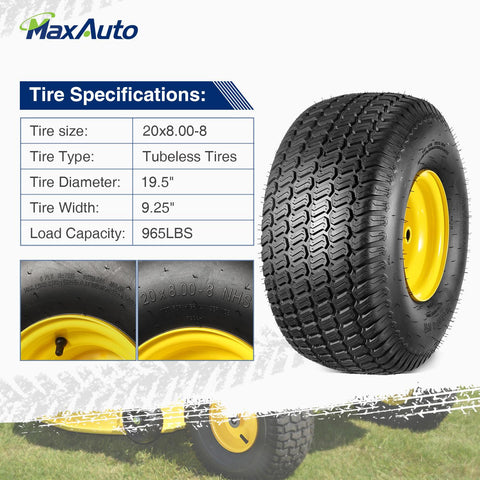 Image of MaxAuto 2 Pcs 20x8.00-8 Tires & Wheels 4 Ply for Lawn & Garden Mower Turf Tires(3.5" Offset Hub, 3/4" Bore with 3/16" Keyway)